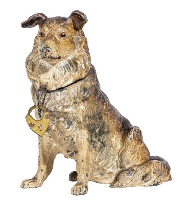 Seated Collie Spelter Bank. German - 1920 - 4 3/4" Tall. This is a scarce German spelter canine 