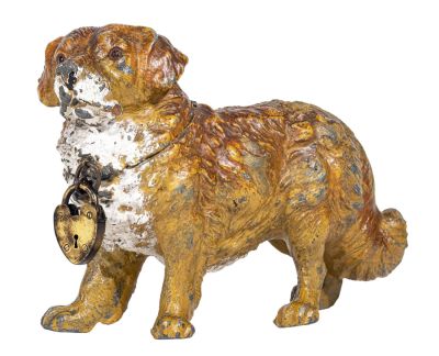 Leonberger Spelter Bank. German - 1920 - 3 5/8" Tall. Condition: Very Fine Condition.