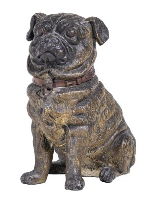Seated Pug Spelter Bank. German - 1920 - 4 1/2" Tall. Condition: Excellent Condition.