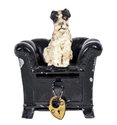 Terrier on Armchair Spelter Bank. German - 1925 - 3 1/2" Tall. Another scarce canine themed 