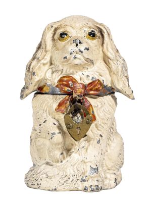 Seated Cocker Spaniel Spelter Bank. German - 1925 - 3 3/4" Tall. We have not seen this charming 