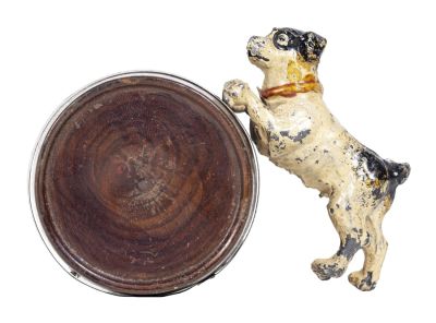 Terrier by Wood Barrel Spelter Bank. German - 1925 - 2 2/3" Tall. Condition: Very Fine Condition.