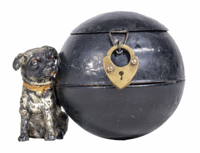 Tiny Pup by Ball Spelter Bank. German - 1925 - 2 1/4" Tall. Condition: Excellent Condition.