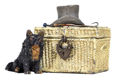 Schipperke by Basket Spelter Bank. German - 1925 - 2 1/2" Tall. Condition: Excellent Plus Condition.