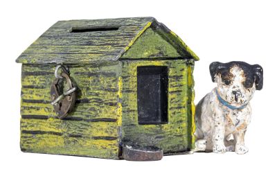 Beagle by Doghouse Spelter Bank. German - 1925 - 2 1/4" Tall. Condition: Excellent Plus 