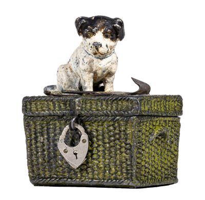 Beagle Pup atop Basket Spelter Bank. German - 1925 - 3 1/4" Tall. Condition: Very Fine Condition.