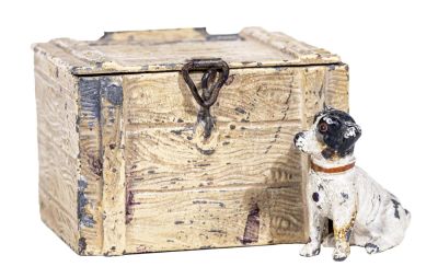 Terrier by Crate Spelter Bank. German - 1920 - 1 1/2" Tall. Condition: Very Fine Condition.