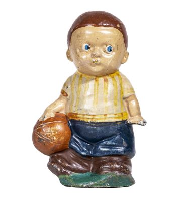 Boy with Soccer Ball Spelter Bank. German - 1925 - 4 1/2" Tall. Condition: Very Fine Overall. 