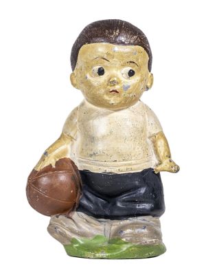 Boy with Soccer Ball Spelter Bank. German - 1925 - 4 1/2" Tall. Condition: Fine Overall. About 