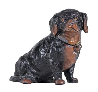 Dachshund Seated Spelter Bank. German - 1925 - 3" Tall. Condition: Very Fine Overall. Missing 
