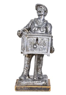 The "Hurdy Gurdy" Man Spelter Bank. German - 1920 - 10 1/4" Tall. This is a rare, large silver 