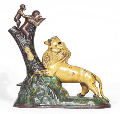 Lion & Two Monkeys Iron Mechanical Bank. Double Peanut Version. Kyser &amp; Rex Company. 