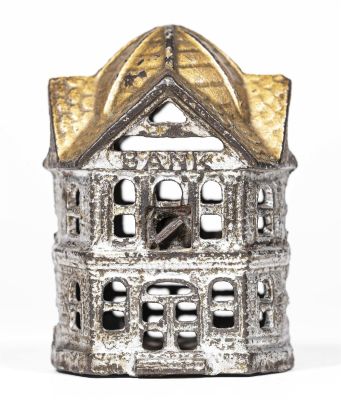 Six Sided Building Iron Bank. Two Stories Version. American - 1920 - 3 3/8" Tall. Condition: 