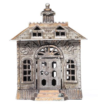 State Iron Bank - Nickel Plated. Kenton Hardware Company. Kenton, Ohio - 1899 - 5 7/8" Tall. 