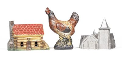 Three Modern Banks. Log Cabin, Building and Hen. American - 1970's to 1980's. Condition: 