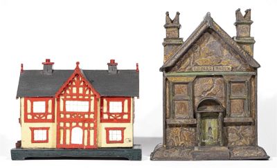 Two Folk Art Building Banks. One Sheet Tin and One Wood. European - 1910 to 1920. Condition: 