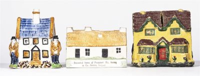 Four Iron Building Banks. England - 1920 to 1930's. Varying Sizes. Made of Paper Mache, Tin and 