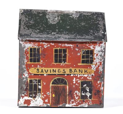 Savings Bank House. American - 1860 - 4" Wide. This is a very early tin building bank. 