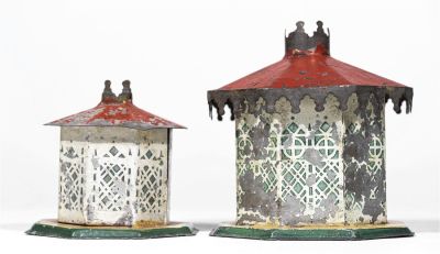 Two Tin Octagonal Building Banks. George Brown Company. Connecticut - 1870 - 3" to 4 1/4" Tall. 