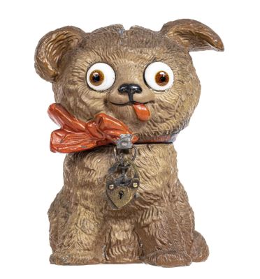 Puppy with Glass Eyes Spelter Bank. Germany - Circa 1920's. Condition: Pristine Plus Condition.