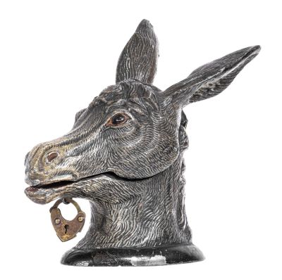 Rare Donkey Head Spelter Bank. Germany - Circa 1920's. Illustrated as #392 in PGSB. Condition: 