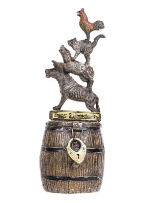 Bremen Town Musicians on Barrel Spelter Bank. Plaque reads "Bremer Stadtmusikanten". Germany - 