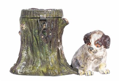 Puppy by Tree Stump Spelter Bank. Germany - Circa 1920's. Illustrated as #385 in PGSB. 
