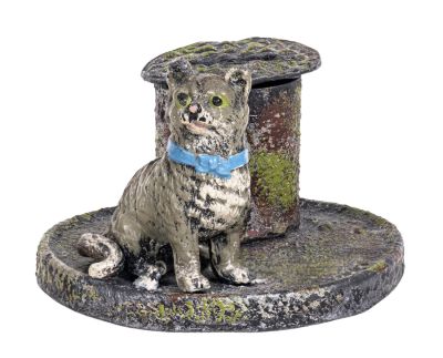 Kitten on Round Base - Spelter and Sheet Tin Bank. Germany - Circa 1920's. Condition: Excellent 