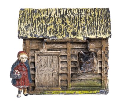 Red Riding Hood Spelter Bank. Germany - Circa 1920's. Condition: Pristine and Very Bright Condition.