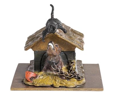 Cat Taunting Dog in his Doghouse - Very Rare Polychrome Bronze Bank. Illustrated as #333 in 