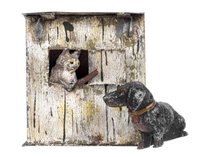 Kitten in Chicken Coop - Spelter and Sheet Tin Bank. Germany - Circa 1910's. Illustrated as #331 