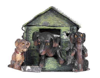 Dachshund & Puppies in Doghouse Spelter Bank. Germany - Circa Late 1910's. Illustrated as #329 