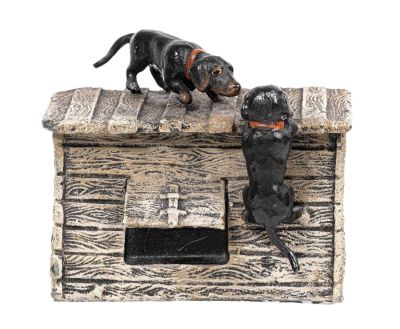 Dachshund Pups Playing on Their Rustic Doghouse - Spelter Bank. Germany - Circa Late 1910's. 