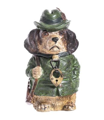 Tyrolean Hunting Dog with Rifle Spelter Bank. Germany - Circa Late 1910's. Condition: Displays 