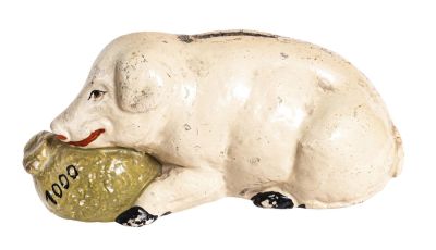 White Pig with Moneybag Bank. European - Circa 1910's. Condition: Excellent Plus Condition.