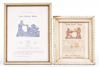 Two Sepia Bank Trade Cards. Bear Hunt &amp; Lion Hunter. Made by J. &amp; E. Stevens of Cromwell 