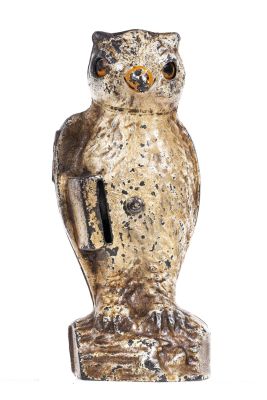Owl, Slot in Book - Cast Iron Mechanical Bank. Made by Kilgore Mfg. Company. Westerville, Ohio - 