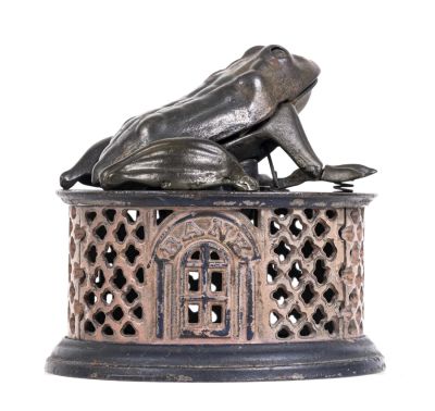 Frog on Lattice - Cast Iron Mechanical Bank. Made by the J. &amp; E. Stevens Company. Cromwell 