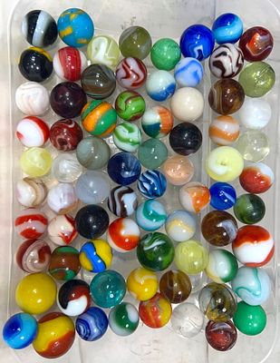 Assorted Machine-Made Marbles Approximately 85 in Total. Larger Scale 5/8"- 1" Wide Condition: