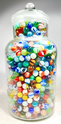 Assorted Machine Made Marbles In a Glass Jar at Least 1000 Marbles. 7" Wide x 13" Tall American-
