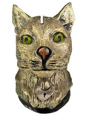 Cat's Head Still Bank Scarce Spelter Example. Germany - Circa 1920's - 3 1/4" Tall. Condition: 