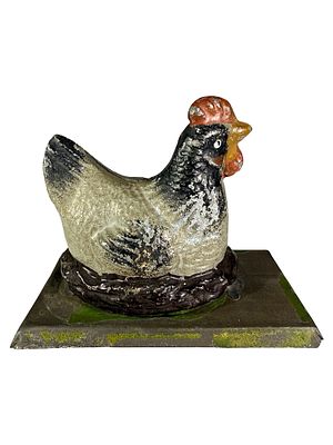 Hen on Nest Bank (KLT) Spelter Bird on Tin Base. Germany - Circa 1910's - 3 3/4" Long. 