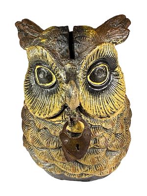 Owl's Head Still Bank. Germany - Circa 1920's - 3" Tall. Condition: Near Mint Condition.