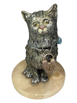 Seated Gray Cat Still Bank on a Circular Marble Base. Germany - Circa 1920's - 4" Tall. 