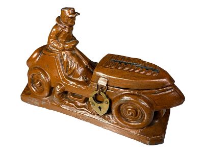 Important Race Car Spelter Bank. Example with Coal Scuttle Bonnet. Coins are retrieved from the 