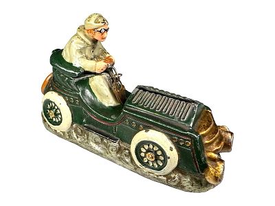 Early Race Car Spelter Bank. Magnificent Rare Specimen. Coins retrieved from driver's body. 