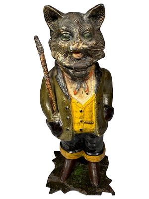 Grandpa Cat with Walking Stick - Scarce & Desirable Spelter Bank. Germany - Late 1910's - 7 1/2" 