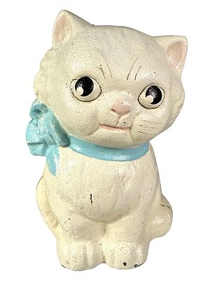 Kitty Bank with Blue Bow. Made by the Hubley Mfg. Company. Lancaster, Pa. - 1930's - 4 3/4" 