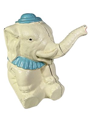 Circus Elephant Still Bank. Rare White &amp; Powder Blue Version. Made by the Hubley Mfg. 