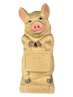 Thrifty the Wise Pig Bank. Made by the Hubley Mfg. Company. Lancaster, Pa. - 1930's - 6 5/8" 